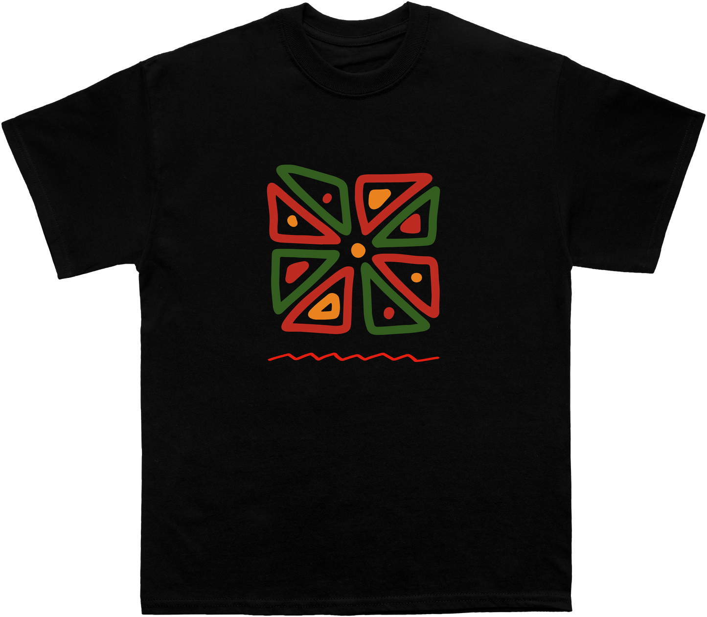 African-Inspired Black T-Shirt - Vibrant Geometric Citrus Star Design