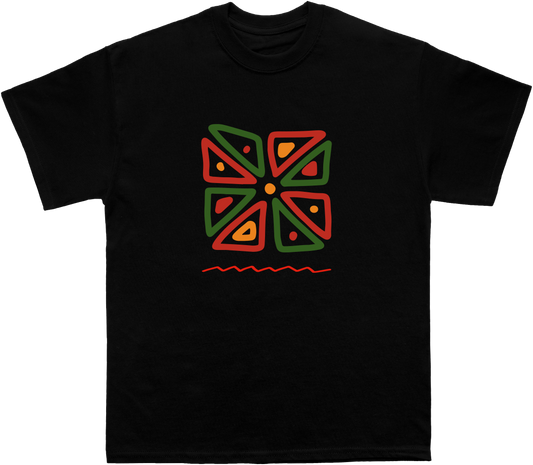 African-Inspired Black T-Shirt - Vibrant Geometric Citrus Star Design